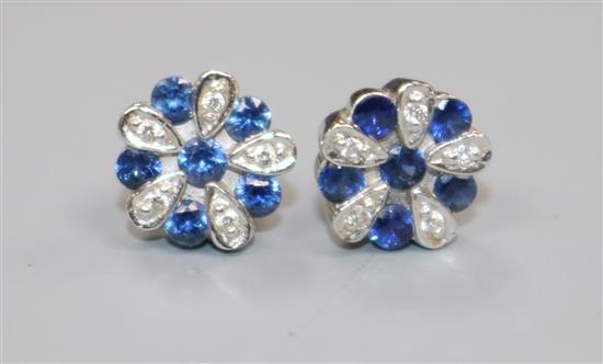 A pair of 18ct white gold, diamond and sapphire cluster ear studs, 8mm.